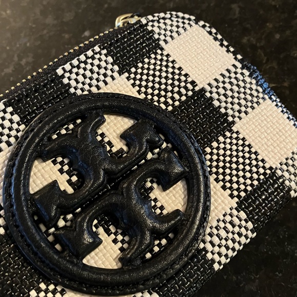 New Tory Burch Perry Bombe Gingham Top-Zip Card Case, Leather Wristlet, Black - Picture 4 of 15